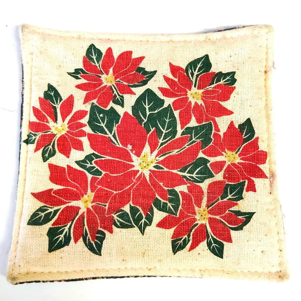 VTG Rustic Fabric Sachet Hot Pad Coaster Plaid & Poinsettia 2‑Sided